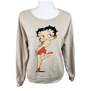 Betty Boop Sweater Women Large Beige Graphic Pullover Crew Neck Casual